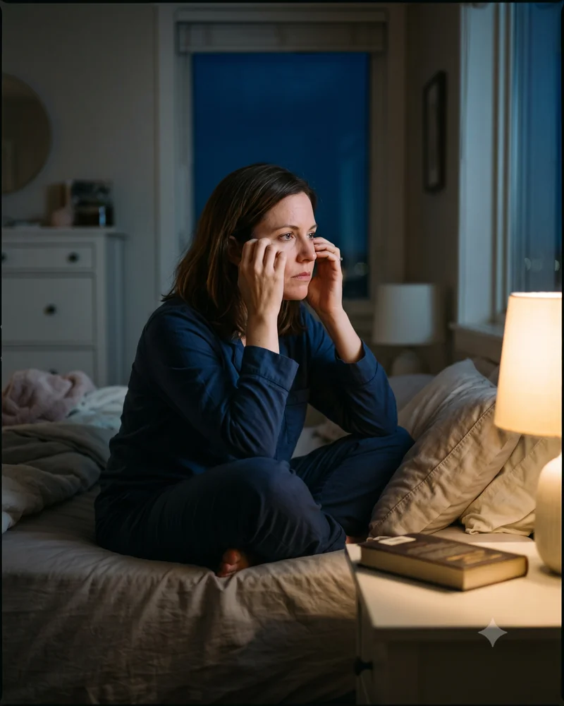 Frau liegt nachts wach im Bett — Schlafprobleme bei Frauen ab 40