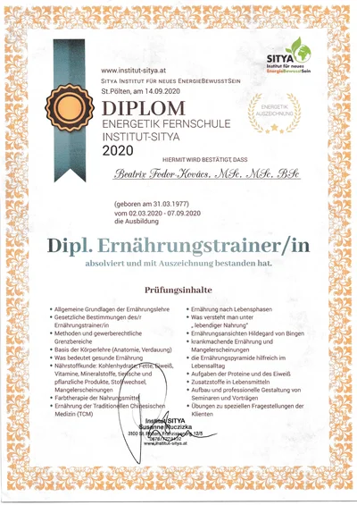 Ernährungstrainerin Zertifikat – Institut Sitya, Österreich